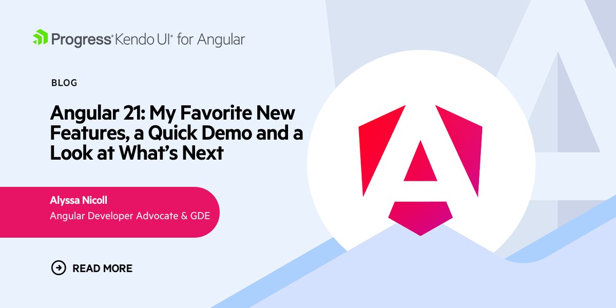 KendoUI's tweet image. Angular v21 landed, and it&apos;s full of developer-friendly fun! 🎉

And if you haven&apos;t had the time to explore it all, don&apos;t worry - @AlyssaNicoll&apos;s got your back! 

Catch her share the top highlights, including Angular ARIA for first-class #a11y &amp;amp; the amazing Experimental Signal…