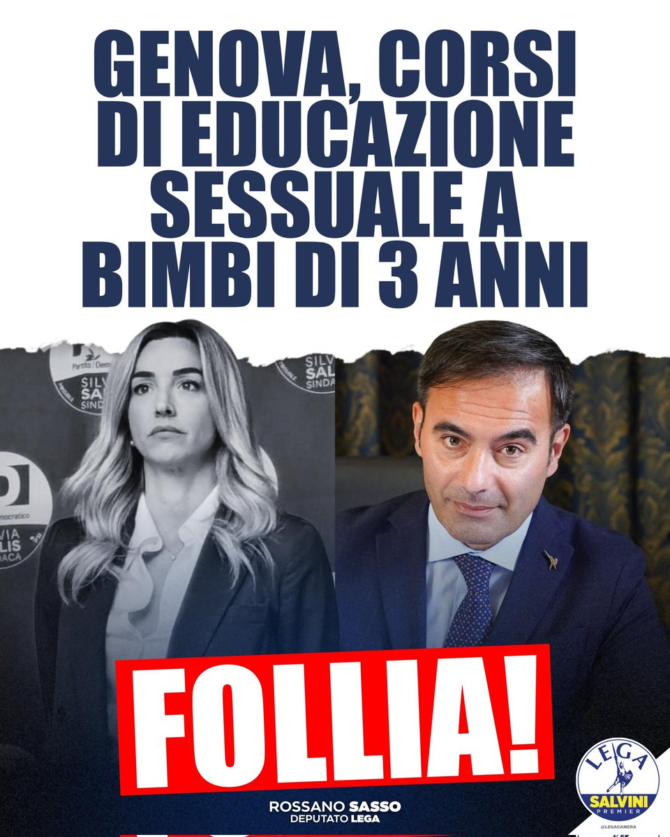 Caro Sindaco di Genova Salis, lascia stare i bambini in pace.
Ma come si fa a voler fare educazione sessuale a bambini di 3 anni?
È follia!
Genitori genovesi, difendete i vostri figli dall'ideologia gender.