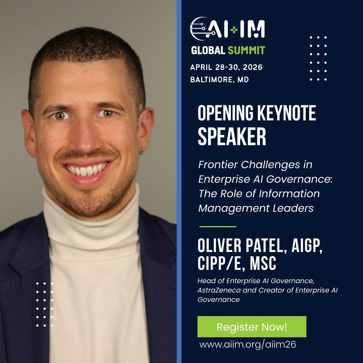 AIIMIntl's tweet image. Just announced: Keynote speakers for AI+IM Global Summit 2026.

Opening: Oliver Patel, AstraZeneca
Closing: Eryn Peters, AI transformation strategist

Join us in Baltimore and save $600 when you register before 12/31.
hubs.la/Q03VK0Gg0

#AIIM26 #AIIM #InformationManagement