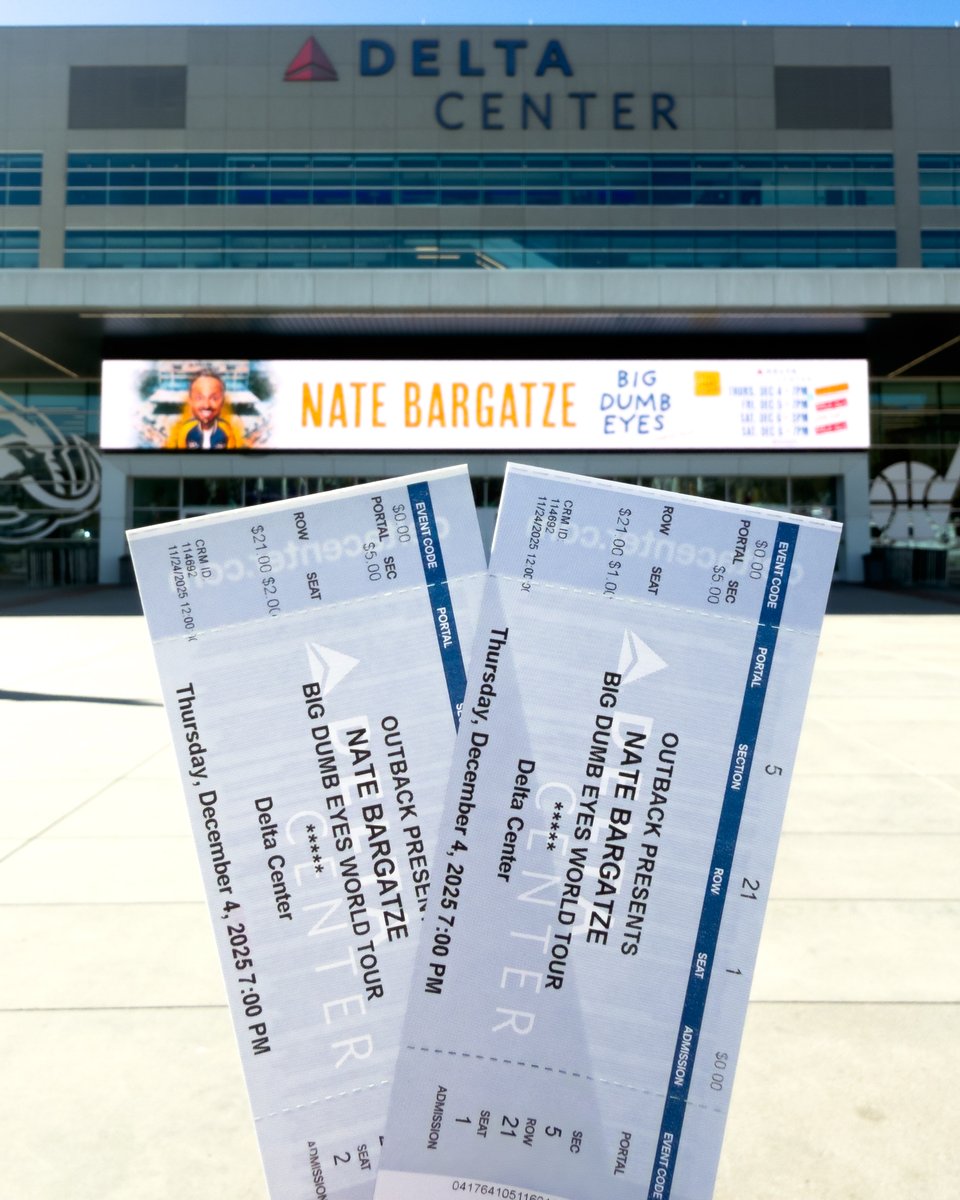 𝗚𝗜𝗩𝗘𝗔𝗪𝗔𝗬: Win 2 lower bowl tickets to <a href="/natebargatze/">Nate Bargatze</a>'s Big Dumb Eyes World Tour on Dec. 4 at 7 PM!

To enter:
1️⃣Follow <a href="/deltacenter/">Delta Center</a>
2️⃣RT
3️⃣Tag a friend

*The winner will be DM'd on 11/29.