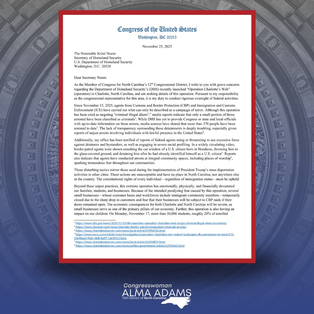 RepAdams's tweet image. Today, I contacted the Department of Homeland Security and demanded answers for Border Patrol&apos;s disturbing actions in Charlotte.

This campaign of terror will have long-term and devastating effects on the Charlotte community and my constituents deserve transparency.