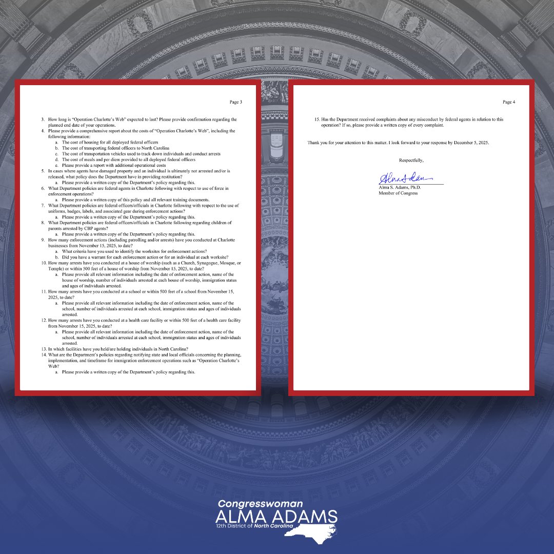 RepAdams's tweet image. Today, I contacted the Department of Homeland Security and demanded answers for Border Patrol&apos;s disturbing actions in Charlotte.

This campaign of terror will have long-term and devastating effects on the Charlotte community and my constituents deserve transparency.