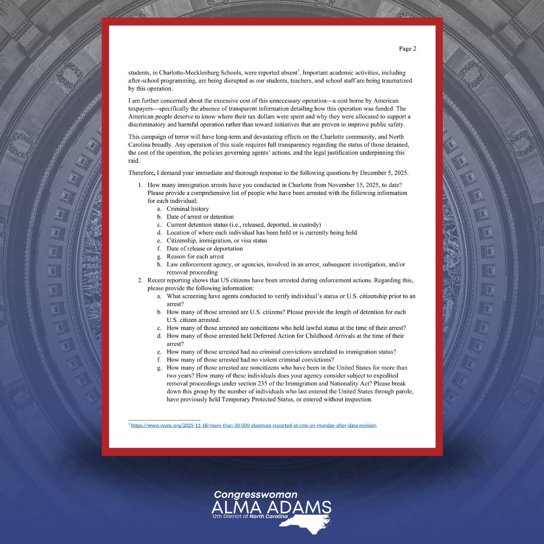 RepAdams's tweet image. Today, I contacted the Department of Homeland Security and demanded answers for Border Patrol&apos;s disturbing actions in Charlotte.

This campaign of terror will have long-term and devastating effects on the Charlotte community and my constituents deserve transparency.