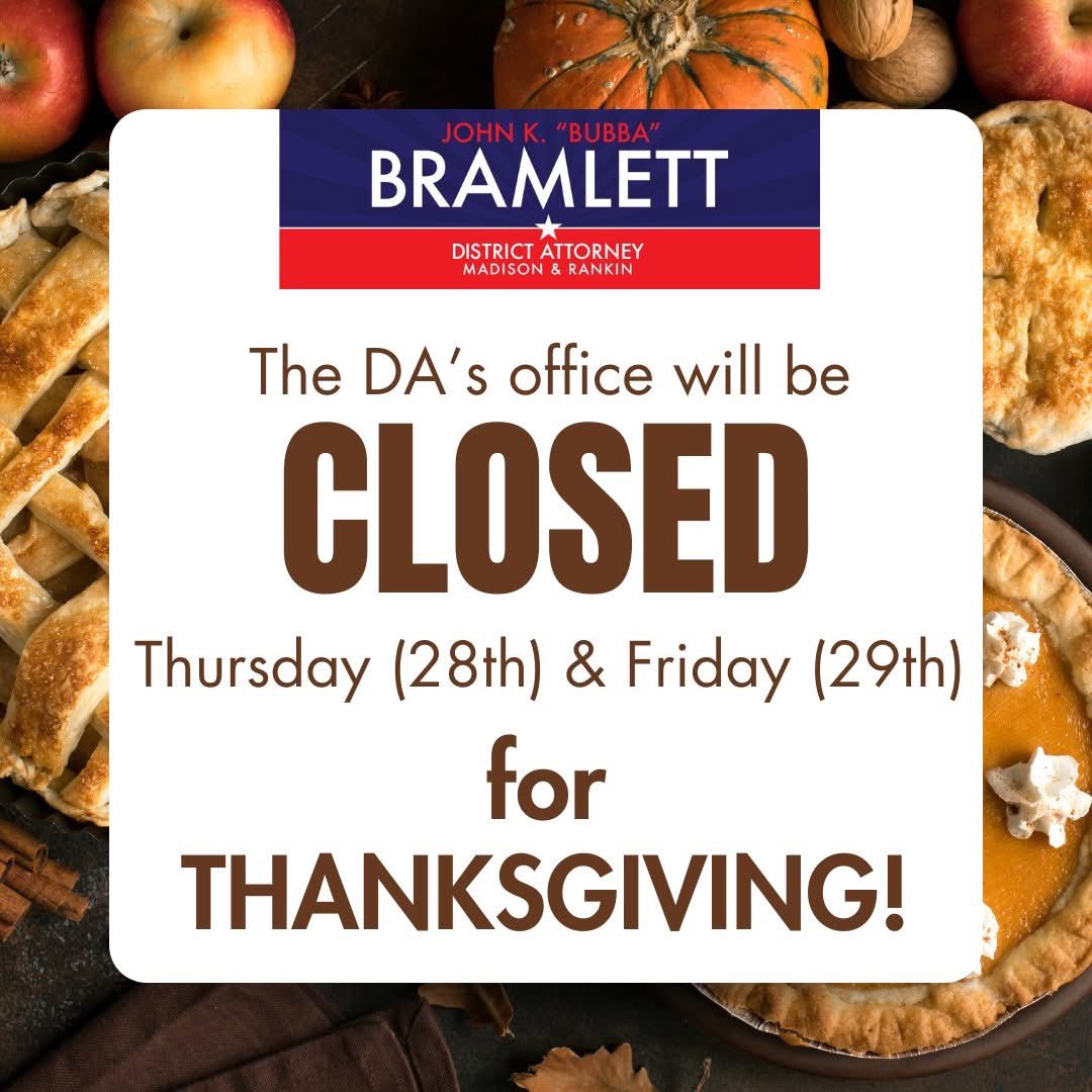 The DA's office will be closed Thursday and Friday of this week. Have a great Thanksgiving!