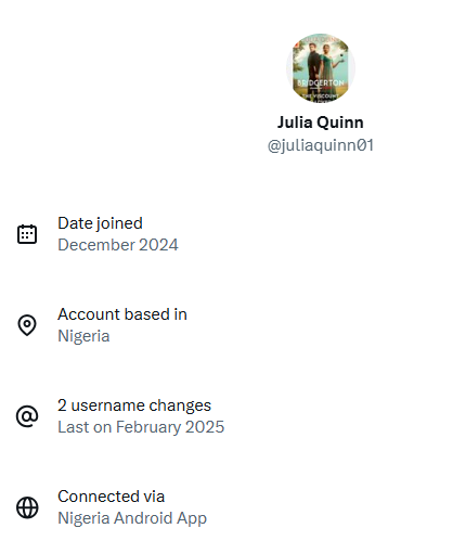 victoriastrauss's tweet photo. This account, based in Nigeria, is impersonating author Julia Quinn (of Bridgerton fame) and fake-referring writers to a fake literary agent who then tricks them into paying for marketing or editing https://t.co/4WZuncyEB7