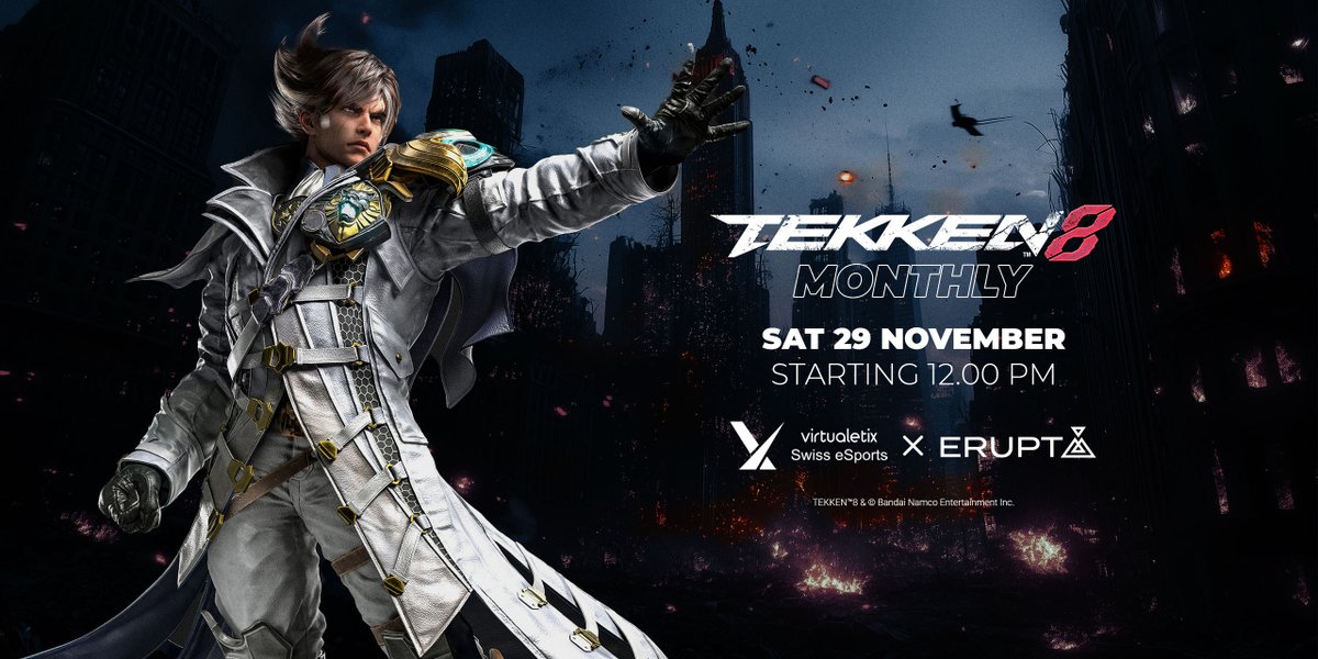 Get ready for the next #Tekken8 Monthly powered by <a href="/virtualetix/">virtualetix</a>! 💪

📅 Saturday, November 29
🕚 Starting 12.00 pm
🎫 CHF 15.- entry

Sign up now via ▶️ start.gg/tournament/tek…