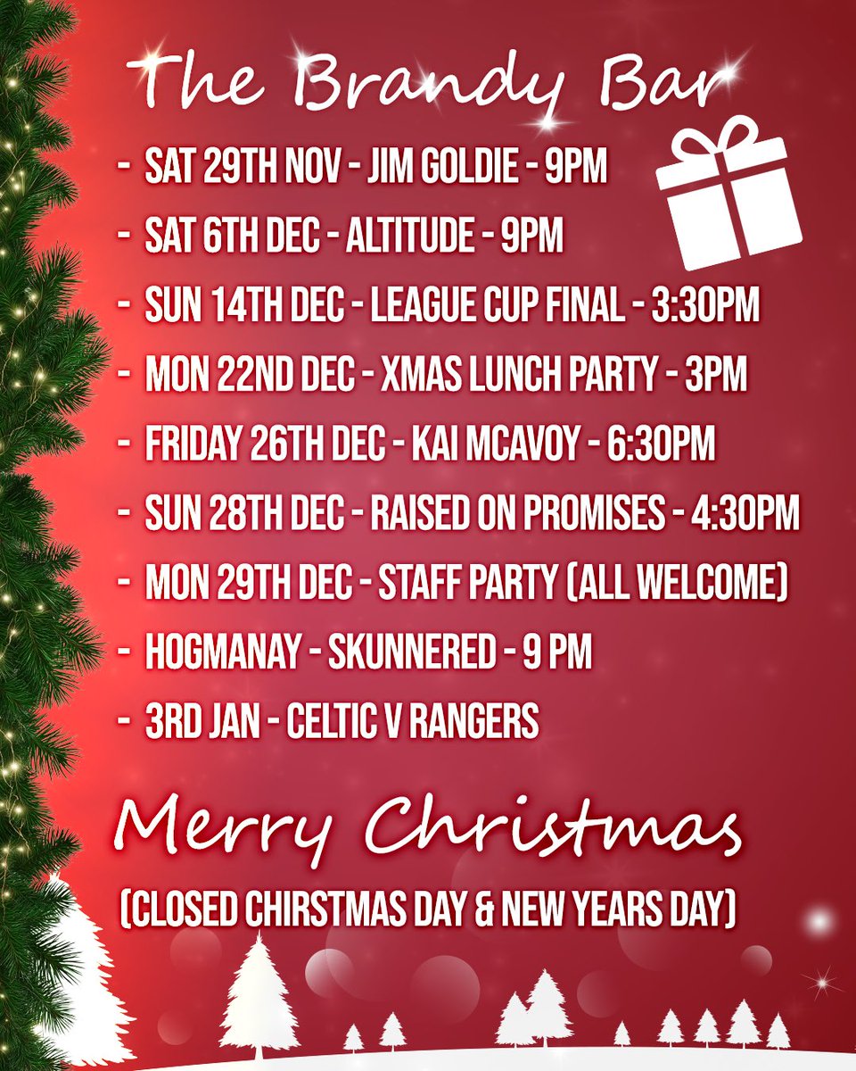 List of events from November- start of January

We'll be closed Christmas Day &amp; New Years Day
