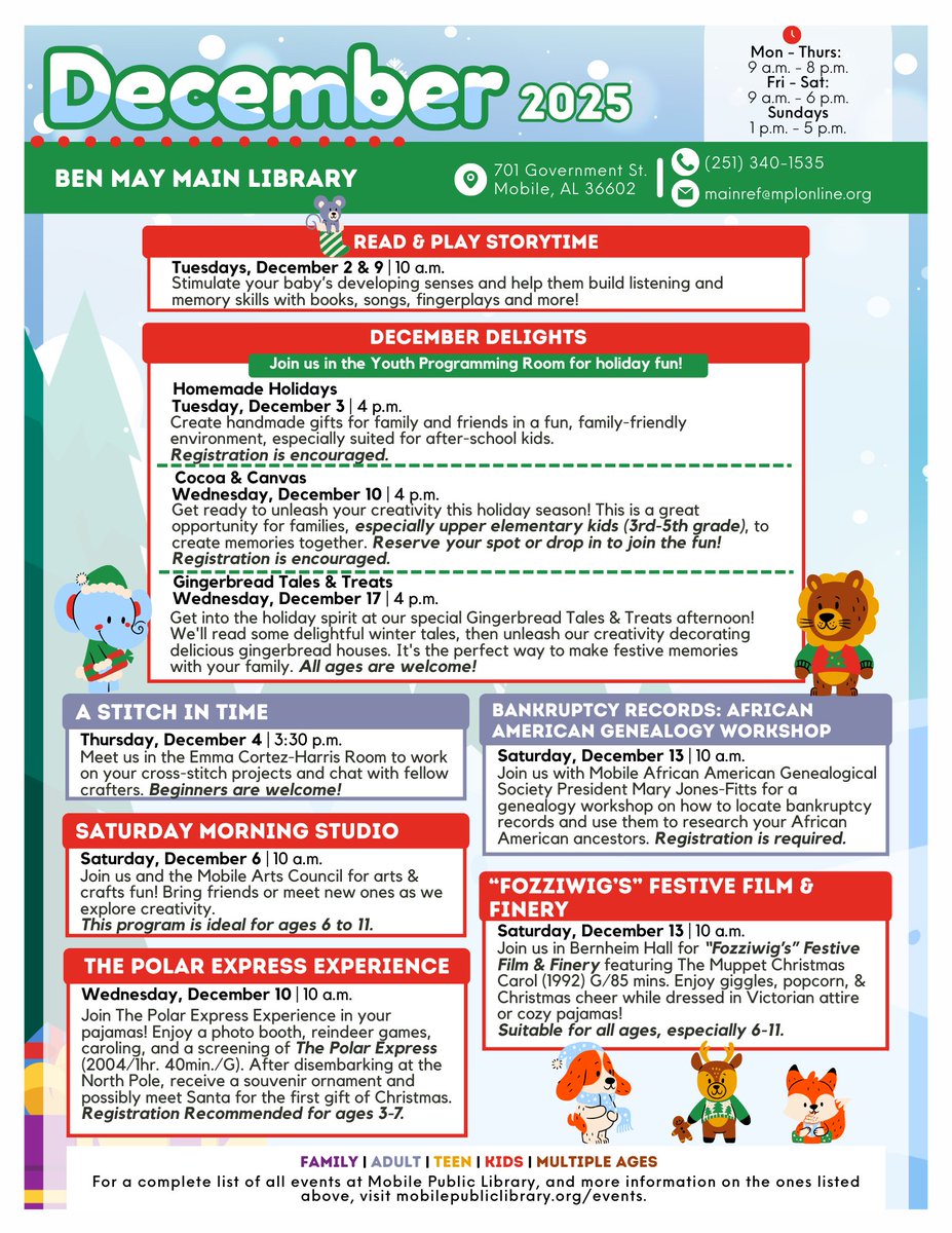 MobPubLib's tweet image. December Happenings at Ben May Main Library: #MobileAL #MobilePublicLibrary #Events