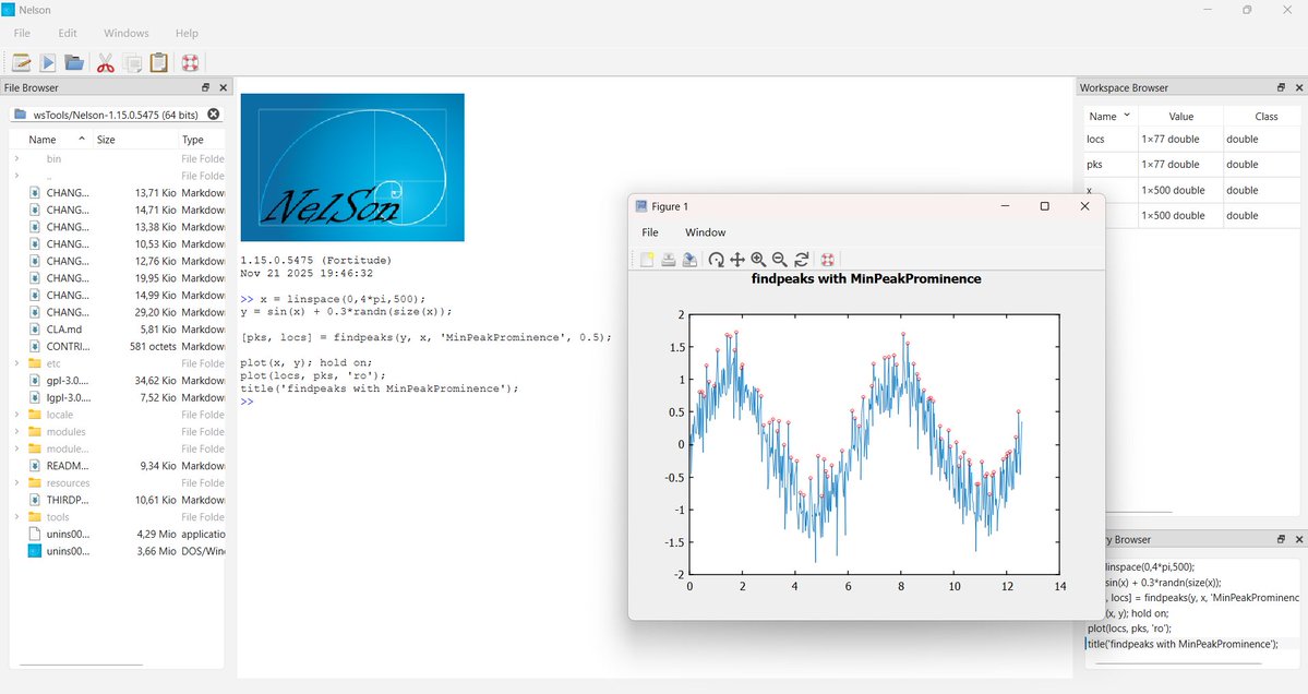 Nelson_software's tweet image. 🚀 Nelson 1.15.0 introduces findpeaks!
Easily detect local maxima with options

#stem #OpenSource #Software #Engineering #HPC #DataScience #DataAnalysis #programming #scientific #coding #OSS #Numerical #Computation #SignalProcessing #GNUoctave #scilab #Matlab #NelsonLang