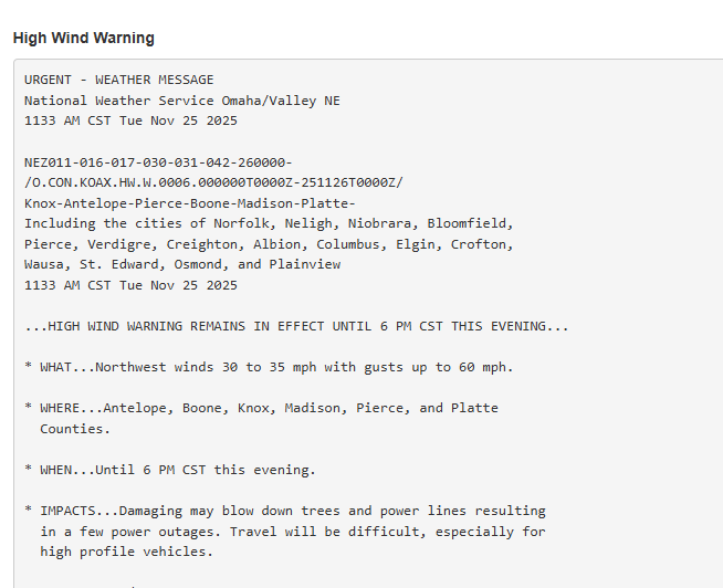 Jasamsdestiny's tweet image. High wind warning for the following counties in #Nebraska till 6pm tonight.   Northwest winds 30 to 35 mph with gusts up to 60.   

Power outages are possible
#Antelope #Boone #Knox #Madison #Pierce #Platte #highwindwarning