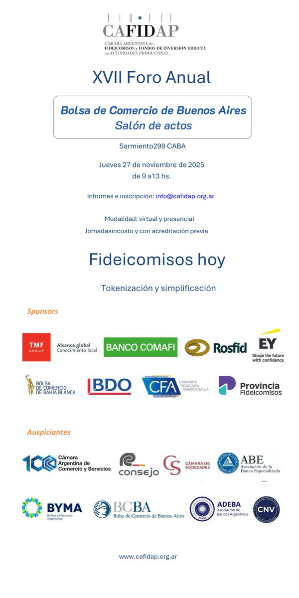 BCBAar's tweet image. XVII Foro Anual de CAFIDAP! 
“FIDEICOMISOS HOY: tokenización y simplificación”, una mirada renovada sobre el presente y futuro del sector.   
📅 Jueves 27 de noviembre – 9:00 hs  
📷 Más información e inscripciones: info@cafidap.org.ar
@CAFIDAP_News