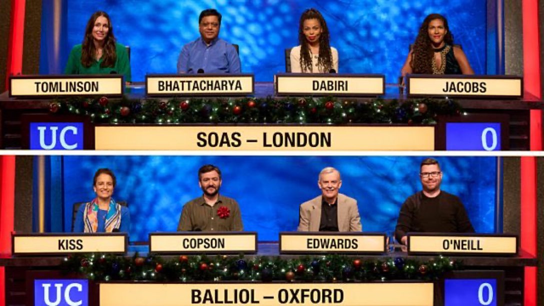 SaveRedlandLibr's tweet image. 7:30pm TODAY on @BBCFOUR   

University Challenge, Christmas 2022
Ep 1 of 10, SOAS University of London v Balliol College, Oxford

It’s the opening match of the 2022 Christmas🎄series for university alumni. Jeremy Paxman asks the questions.

#UniversityChallenge