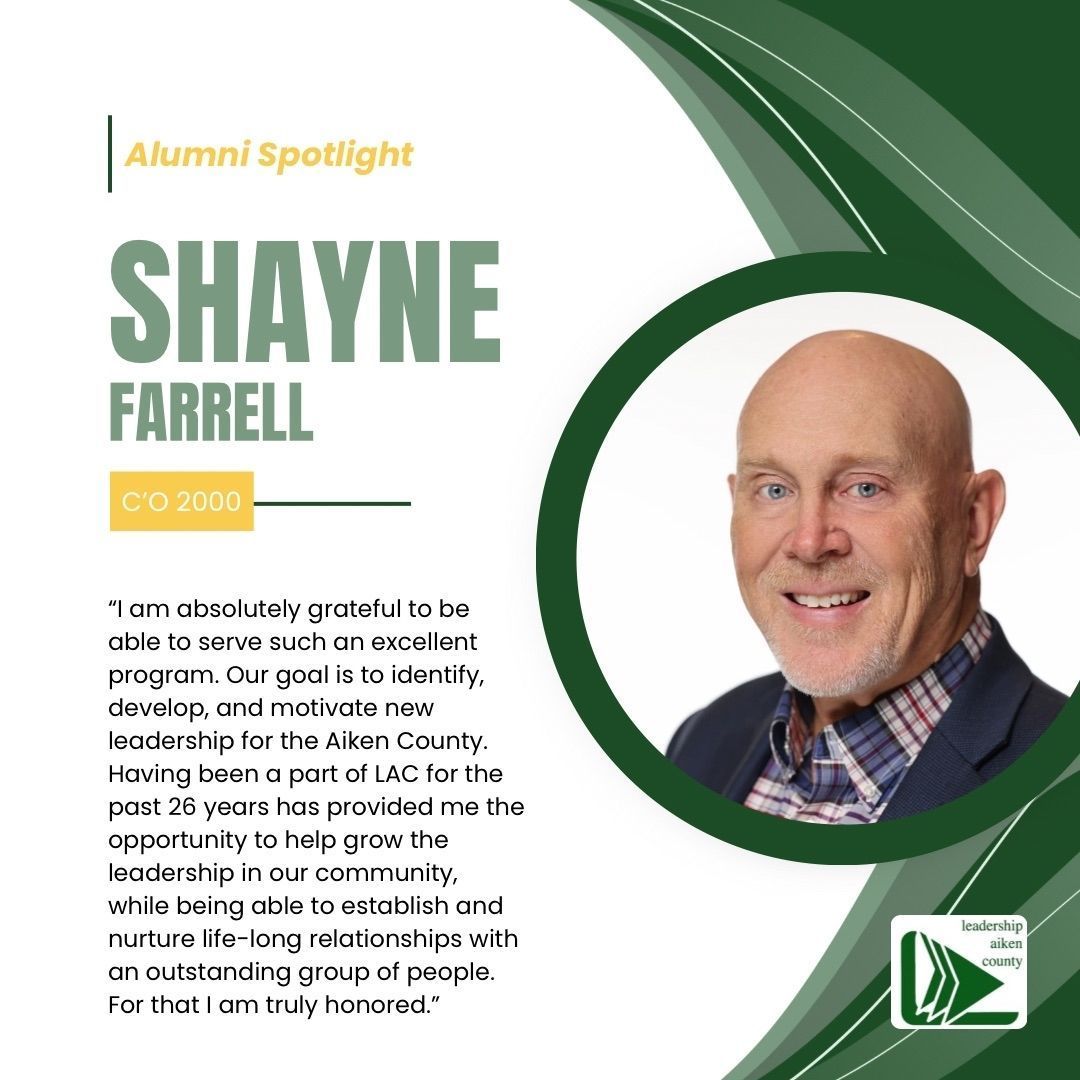 LeadershipAiken's tweet image. 👥 Meet Shayne Farrell — a proud Leadership Aiken County alum who has dedicated 26 years to serving the program and growing leadership in our community.

#LeadershipAikenCounty #LAC #AlumniSpotlight