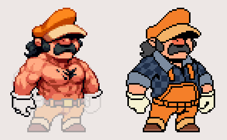 Been trying to find the finished look for the game, and I think I'm finally getting pretty close. Mighty turned out a lot more swole than I initially thought he would, but I'm really liking the look, haha.
His hands are kicking my ass though.
#pixelart #ドット絵 #WIP #eroge