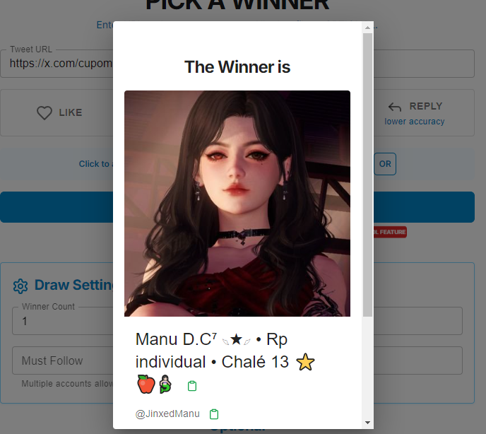 Parabéns <a href="/JinxedManu/">Manu D.C⁷ 𓆩★𓆪 • Rp individual • Chalé 13 ⭐🍎🧜🏻</a> você venceu nosso sorteio! 
Vou te mandar uma DM para combinar a entrega do seu prêmio 🎉

Aos que não venceram, fiquem atentos que em breve teremos mais sorteios para vocês! 🍀

x.com/cupomax/status…