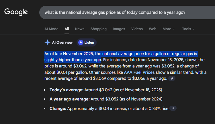 mmpadellan's tweet image. FUN FACT: The trump admin is trying to gaslight people into thinking gas prices are lower today than before. They&apos;re NOT lower.

&quot;the national average price for a gallon of regular gas is slightly higher than a year ago.&quot;  Under BIDEN.

RETWEET TO SPREAD THE WORD.