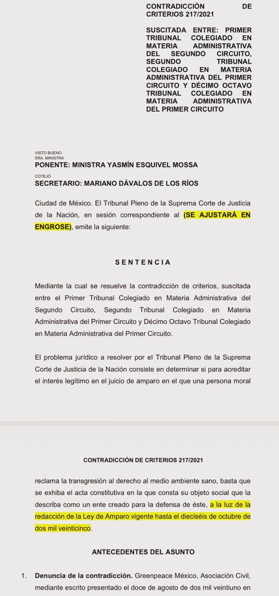 poncho_vaca's tweet image. El jueves se presenta ante la Corte, de nuevo, este proyecto de la minist. Esquivel en el que propone que el objeto social de una persona moral es insuficiente para demostrar su interés legítimo en defensa de derechos medio ambientales.

¿Lo recuerdan? Se retiró hace un tiempo.