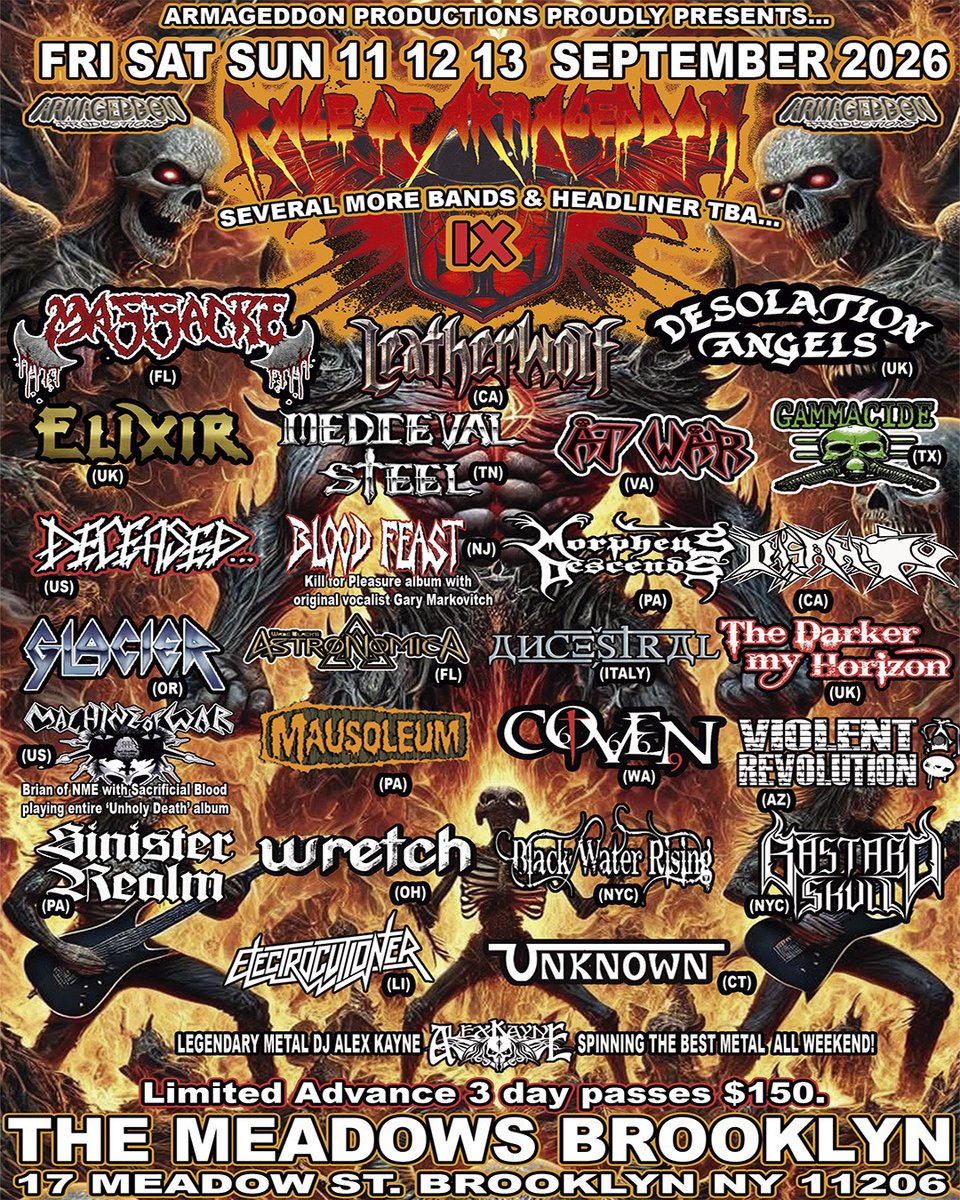 Hey all! We are excited to announce that LEATHERWOLF will be playing the 2026 edition of Rage of Armageddon in New York! Dates are Sept 11, 12 &amp; 13 at The Meadows in Brooklyn, NY. 

Early pre-sale 3-day passes are $150.- and currently available via DM to the promoter. 🎸🎸🎸