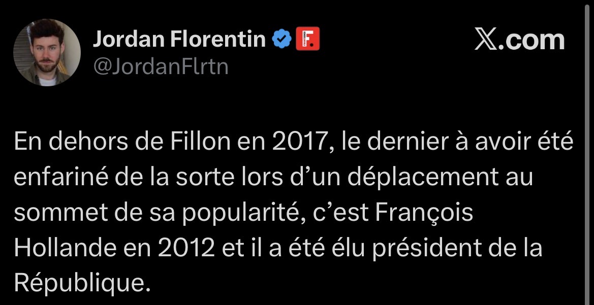Jordan Florentin raconte encore une connerie.

Voici donc la liste des derniers politiciens enfarinés :

1. Jean-René Cazeneuve, 25 janvier 2024.
2. Stéphane Ravier, 12 novembre 2023.
3. Jean-Luc Warsmann, 4 février 2023.
4. Georges-Louis Bouchez, 6 mars 2022.
5. Jean Rottner, 29