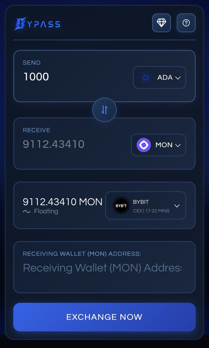 BypassSolana's tweet image. $MON is mooning and a lot of people are struggling with bridges right now.
Bypass is the easiest way to buy MONAD from any asset on any chain.

You can do swaps that would normally be impossible. Cardano → Monad, Solana → Monad, ETH L2s → Monad… the possibilities are…
