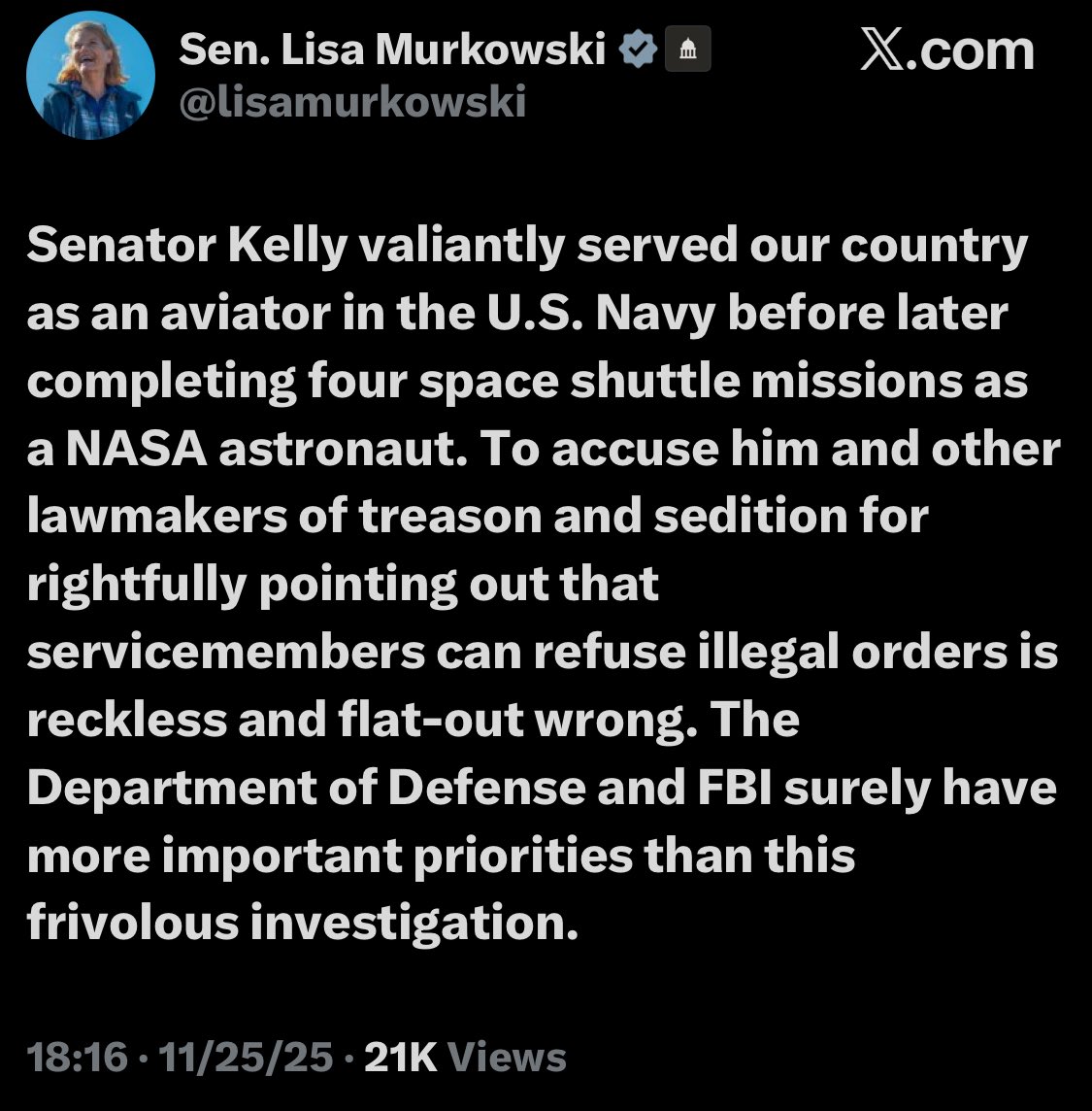 RpsAgainstTrump's tweet image. Sen. Murkowski: “The Department of Defense and FBI surely have more important priorities than this frivolous investigation”