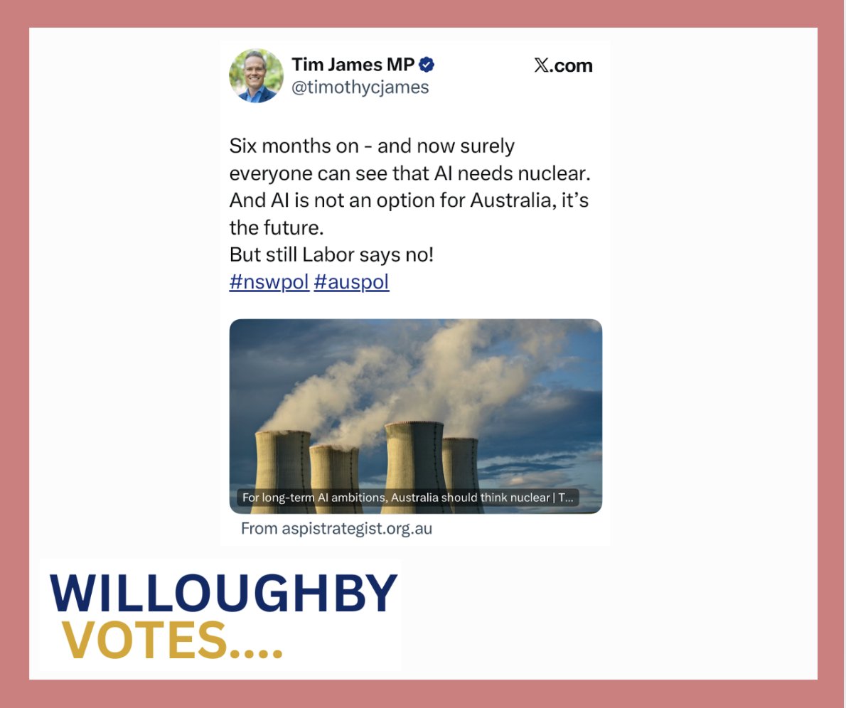 As the NSW Libs shift on climate - Willoughby's MP has tweeted support for nuclear

Given the long lead times, massive cost, safety concerns &amp; rejection by voters at the fed election - is this the right answer for NSW's energy future?

What's your view? >> forms.gle/MsugeETMJTxGCH…