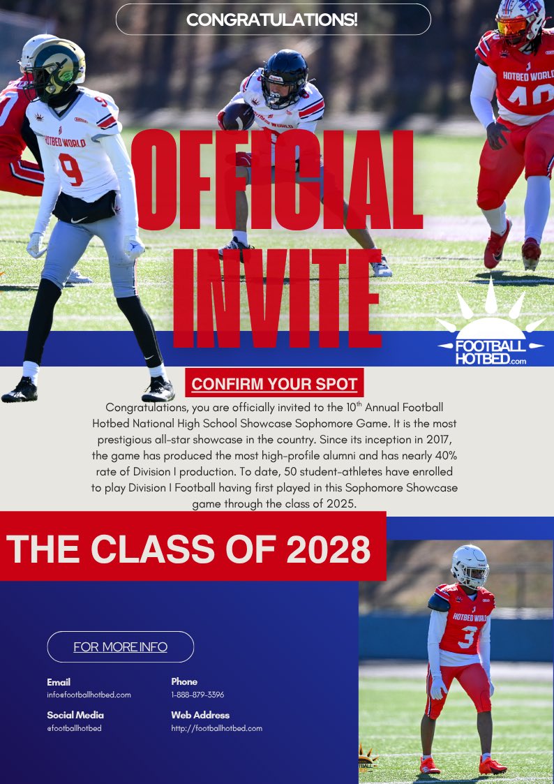 Extremely blessed and honored to be invited to the <a href="/FootballHotbed/">Football Hotbed</a> Sophomore Showcase game in Atlanta Georgia! <a href="/CoachP_84/">Leonard Payton</a> <a href="/Coach_fares/">Yosef Fares</a> <a href="/CoachNast/">Justin Nast</a> <a href="/Itstdub3/">Tykee Woods</a> <a href="/JacksonMoore247/">Jackson Moore</a>