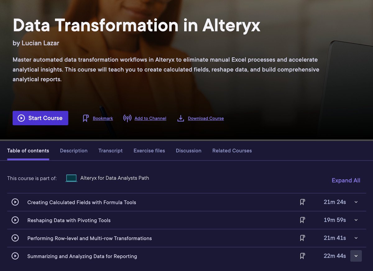 lucienlazar's tweet image. My 10th @Pluralsight course is live: &quot;Data Transformation in Alteryx&quot;
Tired of manual data prep in Excel? This course covers: → Formula tools for dynamic expressions → Transpose &amp;amp; Cross Tab for reshaping → Multi-Row Formula &amp;amp; Summary tools
Link below 👇
#Alteryx