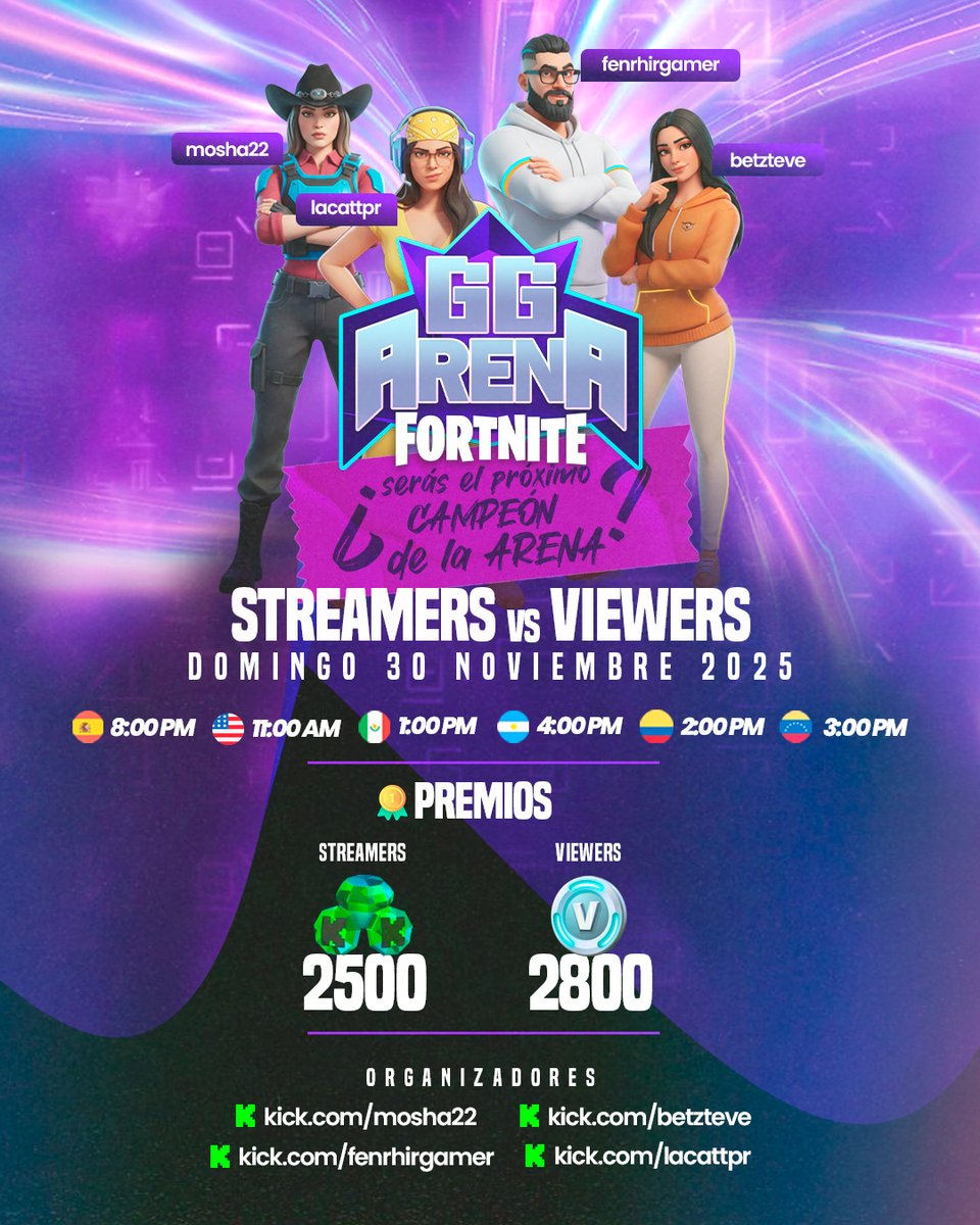 🔥 GG ARENA – Torneo de Fortnite (30 NOV)
Streamers pueden llevar 3 viewers con ellos.
Toda la info + reglas aquí 👇
🔗 discord.gg/3GbjUgcYPw
#Fortnite #GGArena #TorneoFortnite
<a href="/betzteve/">BetzTeVe 🐾</a> <a href="/FenrhirGamer/">Fenrhir</a> <a href="/Mosha22onKick/">Mosha22</a> <a href="/LaCattPR/">aracelis</a> <a href="/kick/"></a> @KickEspanol <a href="/KickHispano/">KICK HISPANO</a>