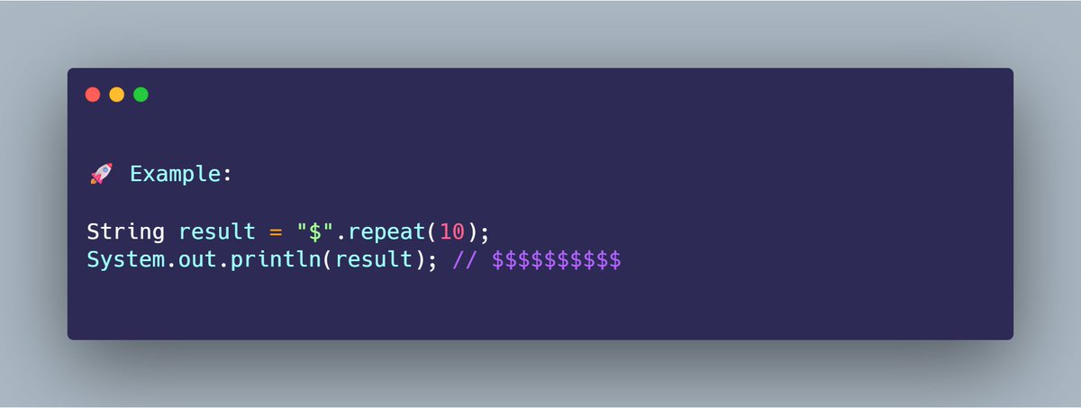 mario_casari's tweet image. Java tip: Starting from Java 11, if you need to repeat n times a specific string, you can use the String method repeat(n). 
#Java #JavaDev