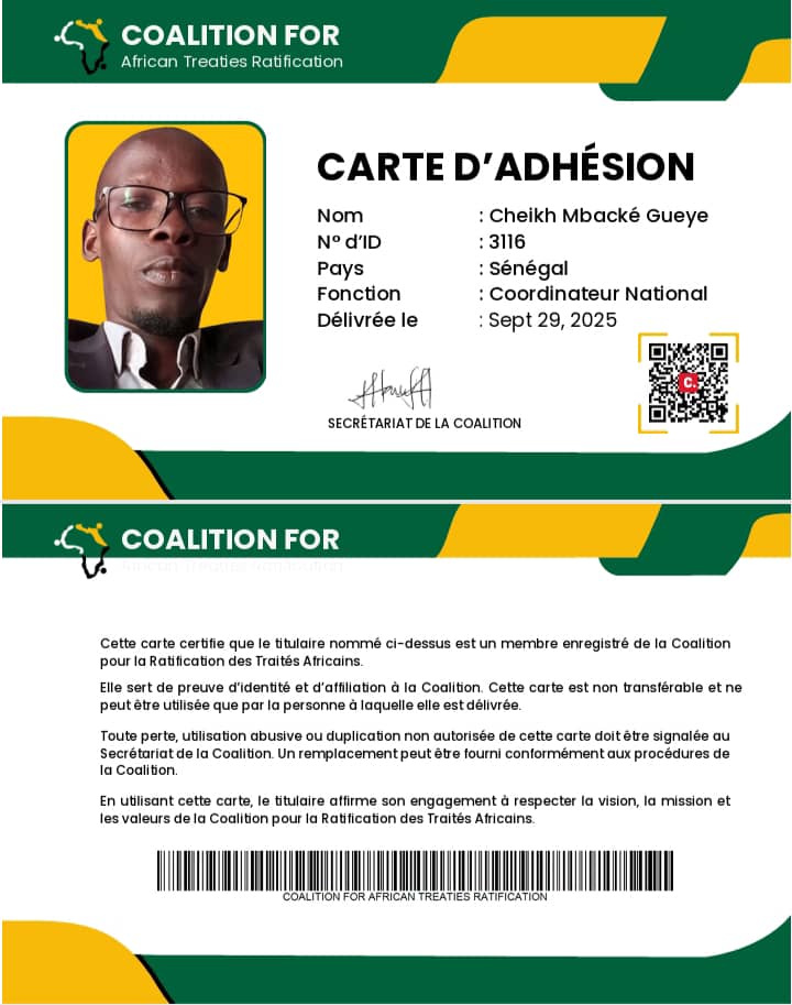 Mbacke_Fall1984's tweet image. Heureux de vous annoncer que je suis nommé coordinateur National de la Coalition pour la Ratification des Traités Africains au Sénégal. Rejoignez notre groupe WhatsApp pour qu&apos;ensemble nous puissions relever les nouveaux défis du continent 
@CATR_Africa
chat.whatsapp.com/CRnhLB5Ch7v4a3…