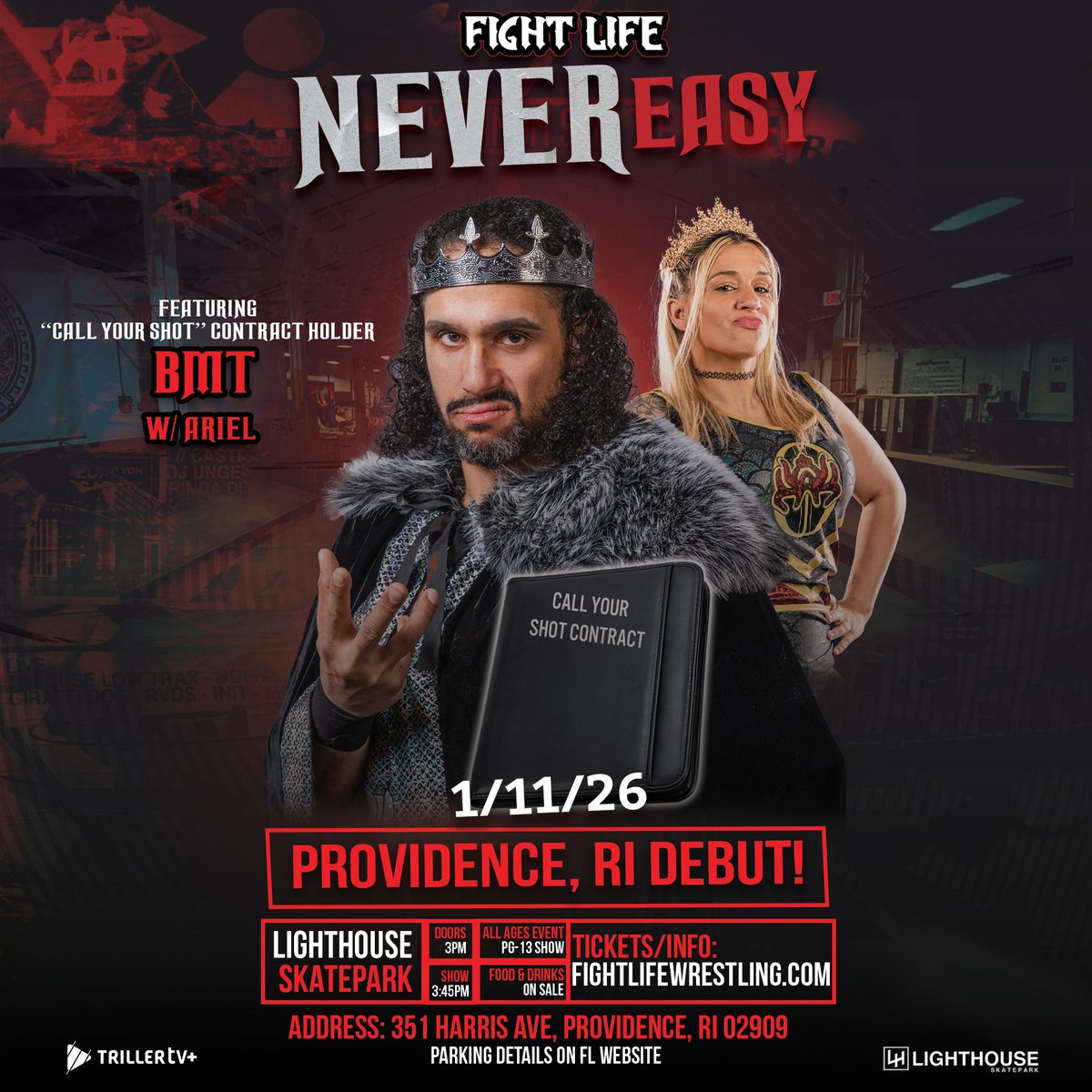 FightLifePW's tweet image. BMT now holds the Call Your Shot contract, granting him any match he wants, anytime he wants. And after the closing moments of The Séance, it’s clear he’s aiming straight at the FL World Championship.

~ NEVER EASY ~
1.11.26
Providence, RI
Lighthouse Skatepark

Early Bird Tickets…