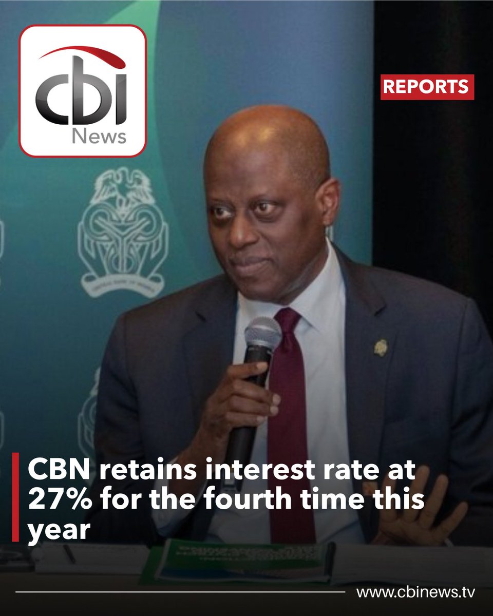 cbinewstv's tweet image. The MPC has held Nigeria’s Monetary Policy Rate at 27% once again, with Governor Cardoso announcing the decision after its 303rd meeting in Abuja. 

The rate remains the benchmark for all other interest rates in the economy.

#CBINewsTV #CBN #MPC #Economy #Nigeria