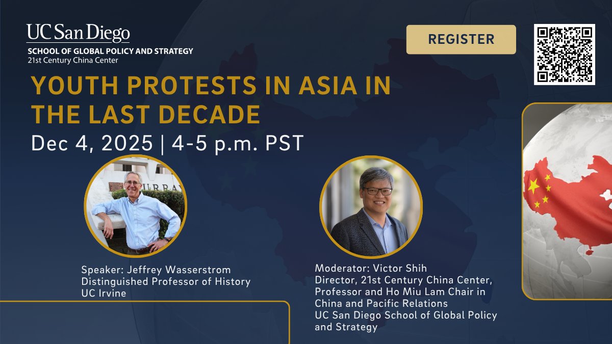 21CenturyChina's tweet image. Join us on 12/4 at 4pm PST! Prof. Jeffrey Wasserstrom from UCI will explore how songs, slogans and symbols have shaped youth protest movements in Asia, in the White Paper protests and beyond. RSVP: ow.ly/8mfU50X5lcn
