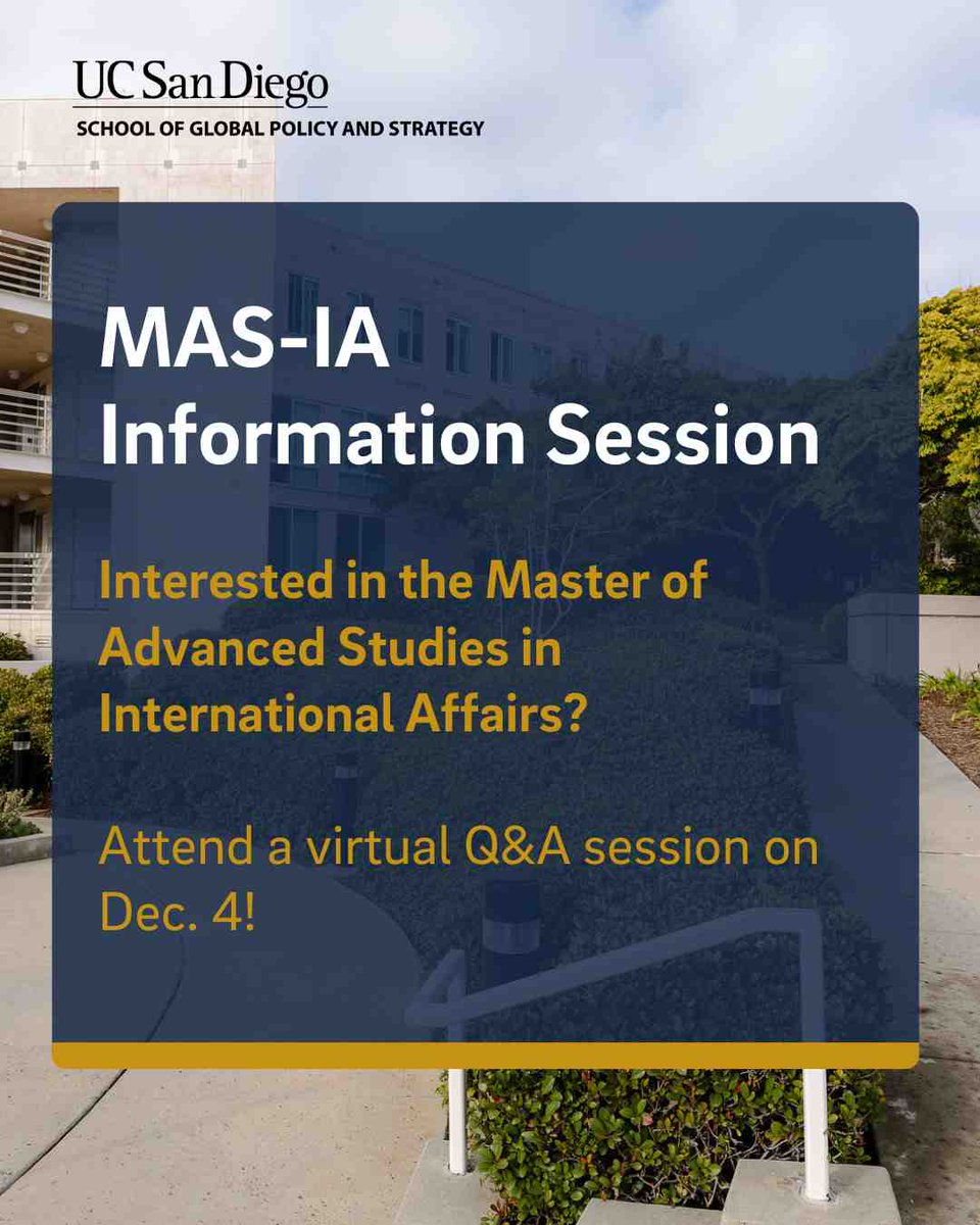 GPS_UCSD's tweet image. Are you a seasoned professional seeking higher-level organizational challenges with global implications? Attend a virtual Q&amp;amp;A session on Dec. 4, when we&apos;ll get into the nuts and bolts of the MAS-IA degree at GPS.

Register: ow.ly/Vy5550XxCOp