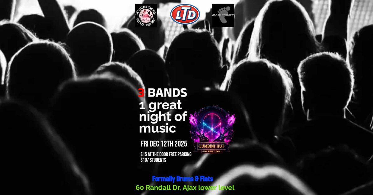 JYFlamingos's tweet image. 🔥 Dec 12 @ Lumbini Hut Junkyard Flamingos x LTD x BackFoot 💵 $15 at the door | $10 students 🎸 Three bands. One stage. Infinite chaos.

👉 RSVP: facebook.com/share/16jWnG5V… #JunkyardFlamingos #LTD #BackFoot #RockTheHut #PickeringScene #LiveMusic