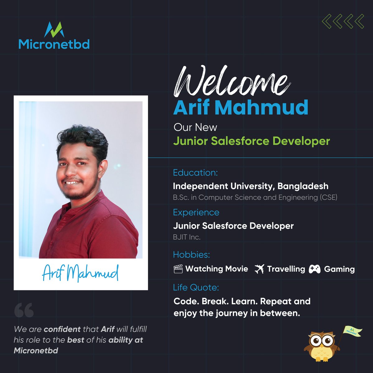 micronetbd_inc's tweet image. 🌟 Welcome aboard, Arif Mahmud.
With experience in Salesforce development and a mindset driven by curiosity and growth, Arif is a great addition to the Micronetbd family.

Looking forward to building success together.

#Micronetbd #MicronetbdFamily #WelcomeAboard #MicronetbdTeam…