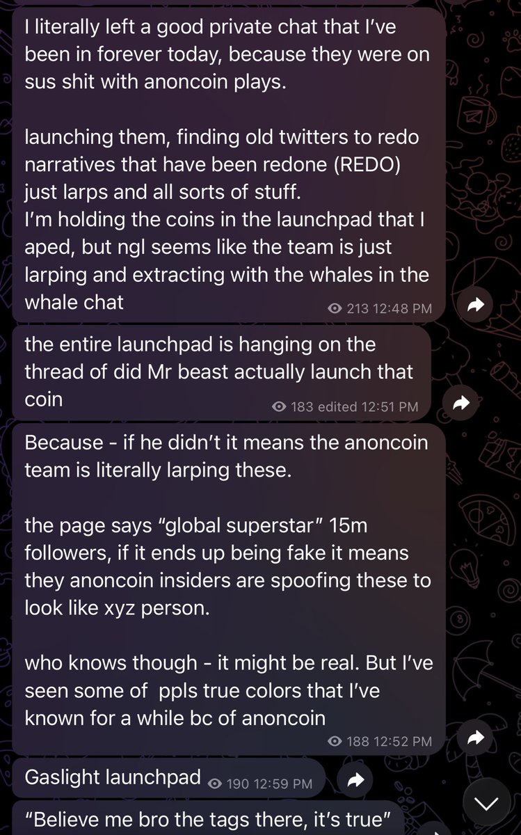 shitcoinMJ's tweet photo. The @anoncoinit is more than likely launching larps using their platform.

Insiders and “Whale Chats” inside of their inner circles are deploying larps in which they know are not real.

Insiders to the platform have made multiple of the X communities that the main @anoncoinit has spotlighted.

Multiple of these coins which are larps; all had the same X community creator who’s @ is “@PapiLiquidated” 

These coins coincidentally are coins where allegedly a big name or influencer launched through the platform..

But more than likely; Mr. Beast would never login to anoncoin to create $animals much like the odds of balaji logging into anoncoin are very slim.

just seems like a larp for them to farm and bring attention to anoncoin ecosystem. 
Insiders will farm you on the derivs if the main coin sends. 

$ANON is sus, until $STORM or $ANIMALS is confirmed to be the people the team allege they are. 
It seems like they’re putting these badges on the anoncoin page to make it appear they’re logging into.