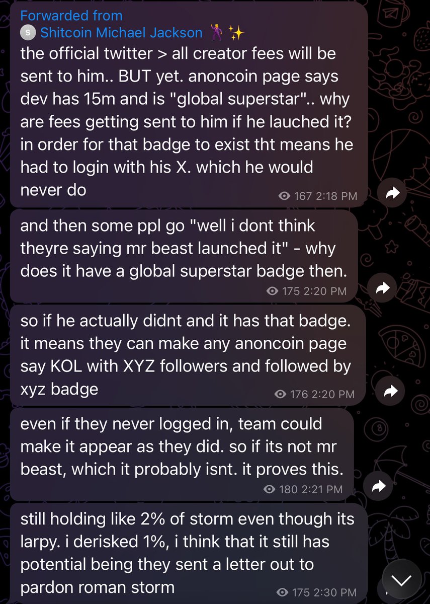 shitcoinMJ's tweet photo. The @anoncoinit is more than likely launching larps using their platform.

Insiders and “Whale Chats” inside of their inner circles are deploying larps in which they know are not real.

Insiders to the platform have made multiple of the X communities that the main @anoncoinit has spotlighted.

Multiple of these coins which are larps; all had the same X community creator who’s @ is “@PapiLiquidated” 

These coins coincidentally are coins where allegedly a big name or influencer launched through the platform..

But more than likely; Mr. Beast would never login to anoncoin to create $animals much like the odds of balaji logging into anoncoin are very slim.

just seems like a larp for them to farm and bring attention to anoncoin ecosystem. 
Insiders will farm you on the derivs if the main coin sends. 

$ANON is sus, until $STORM or $ANIMALS is confirmed to be the people the team allege they are. 
It seems like they’re putting these badges on the anoncoin page to make it appear they’re logging into.