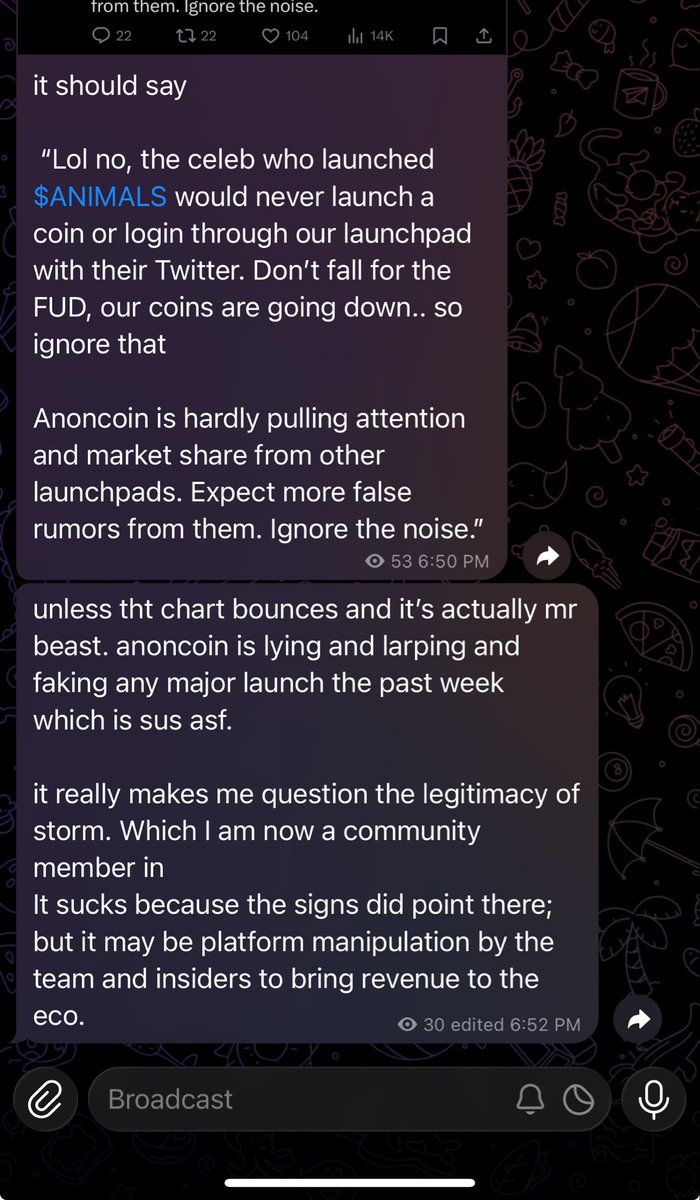 shitcoinMJ's tweet photo. The @anoncoinit is more than likely launching larps using their platform.

Insiders and “Whale Chats” inside of their inner circles are deploying larps in which they know are not real.

Insiders to the platform have made multiple of the X communities that the main @anoncoinit has spotlighted.

Multiple of these coins which are larps; all had the same X community creator who’s @ is “@PapiLiquidated” 

These coins coincidentally are coins where allegedly a big name or influencer launched through the platform..

But more than likely; Mr. Beast would never login to anoncoin to create $animals much like the odds of balaji logging into anoncoin are very slim.

just seems like a larp for them to farm and bring attention to anoncoin ecosystem. 
Insiders will farm you on the derivs if the main coin sends. 

$ANON is sus, until $STORM or $ANIMALS is confirmed to be the people the team allege they are. 
It seems like they’re putting these badges on the anoncoin page to make it appear they’re logging into.