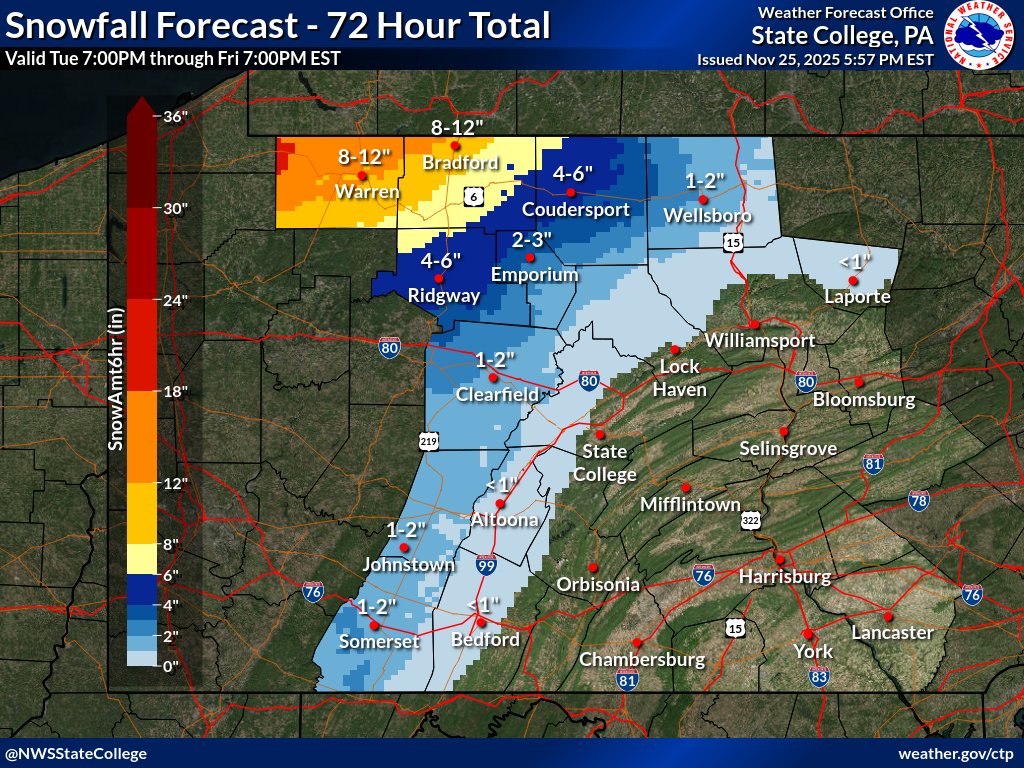 NWSStateCollege's tweet photo. A cold front will cross PA on Wed. It will turn blustery & colder behind the front. Snow showers will develop across N&W PA Wed eve/night and continue into Thanksgiving & Friday. Here are peak winds expected Wed, along with the snowfall forecast Wed evening through Friday. #ctpwx https://t.co/Yz7sDrZi3N