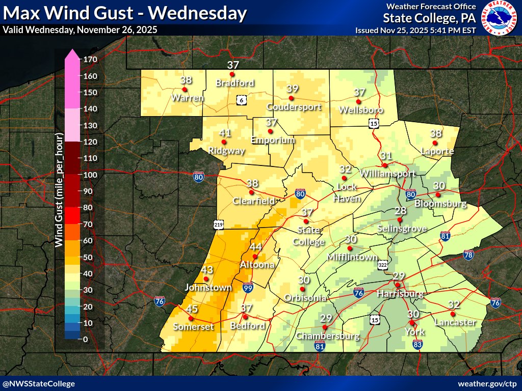 NWSStateCollege's tweet photo. A cold front will cross PA on Wed. It will turn blustery & colder behind the front. Snow showers will develop across N&W PA Wed eve/night and continue into Thanksgiving & Friday. Here are peak winds expected Wed, along with the snowfall forecast Wed evening through Friday. #ctpwx https://t.co/Yz7sDrZi3N