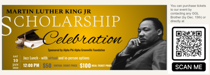 AlphaGreenville's tweet photo. Please support us as we start our 2026 efforts with the 47th Annual Martin Luther King Scholarship Celebration at Younts Conference Center at Furman University. Tickets are available from any GGL Brother or directly at https://t.co/cXLqfb4qia https://t.co/Bzzi3TOPnt
