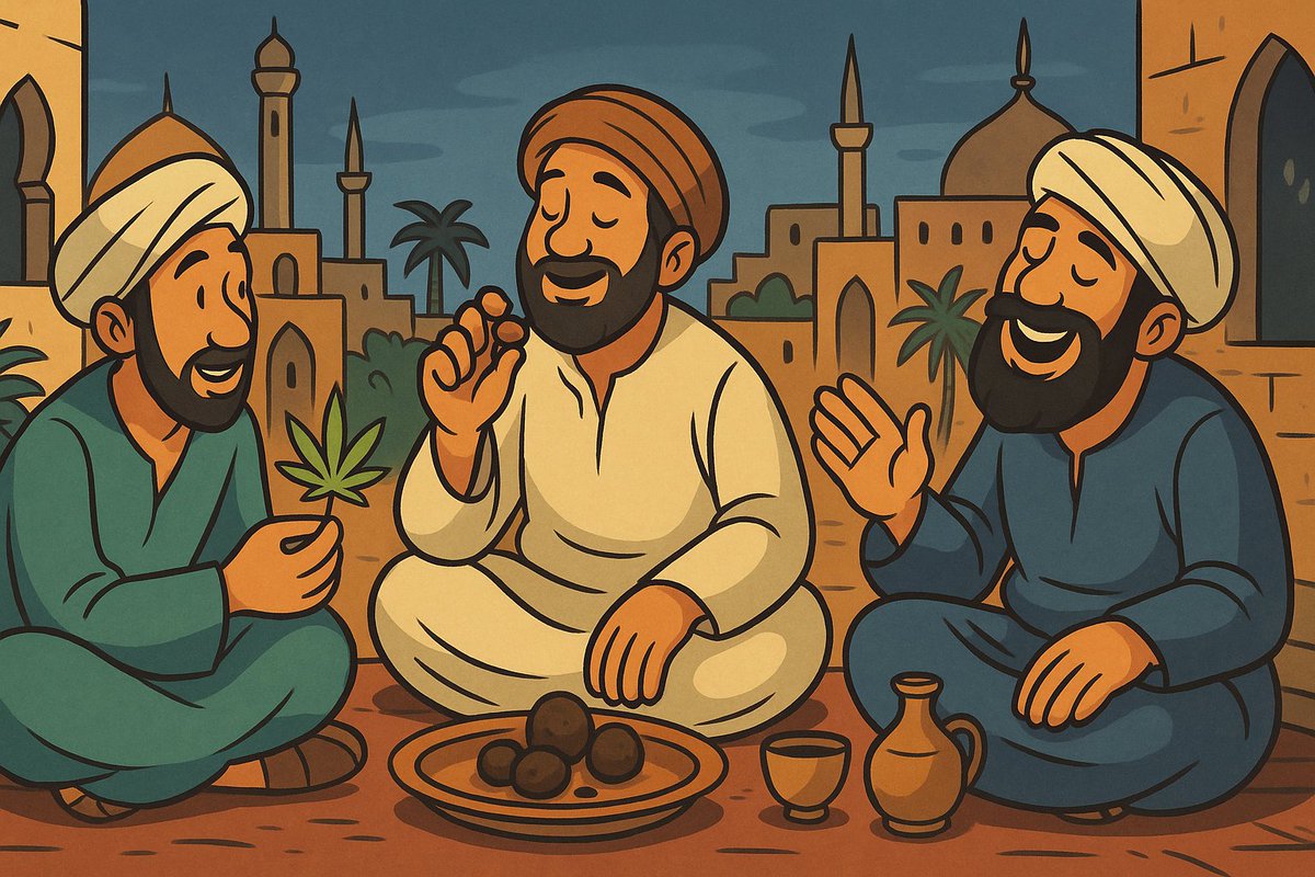 🕌 Proche-Orient médiéval (IXe–XIe): quand le haschich devient une “ivresse de ville”

À Bagdad, Damas, Le Caire: de grandes cités, un art de vivre dense, des nuits longues… et une question silencieuse.
Dans un monde où le vin reste moralement discuté (et parfois réprimé),