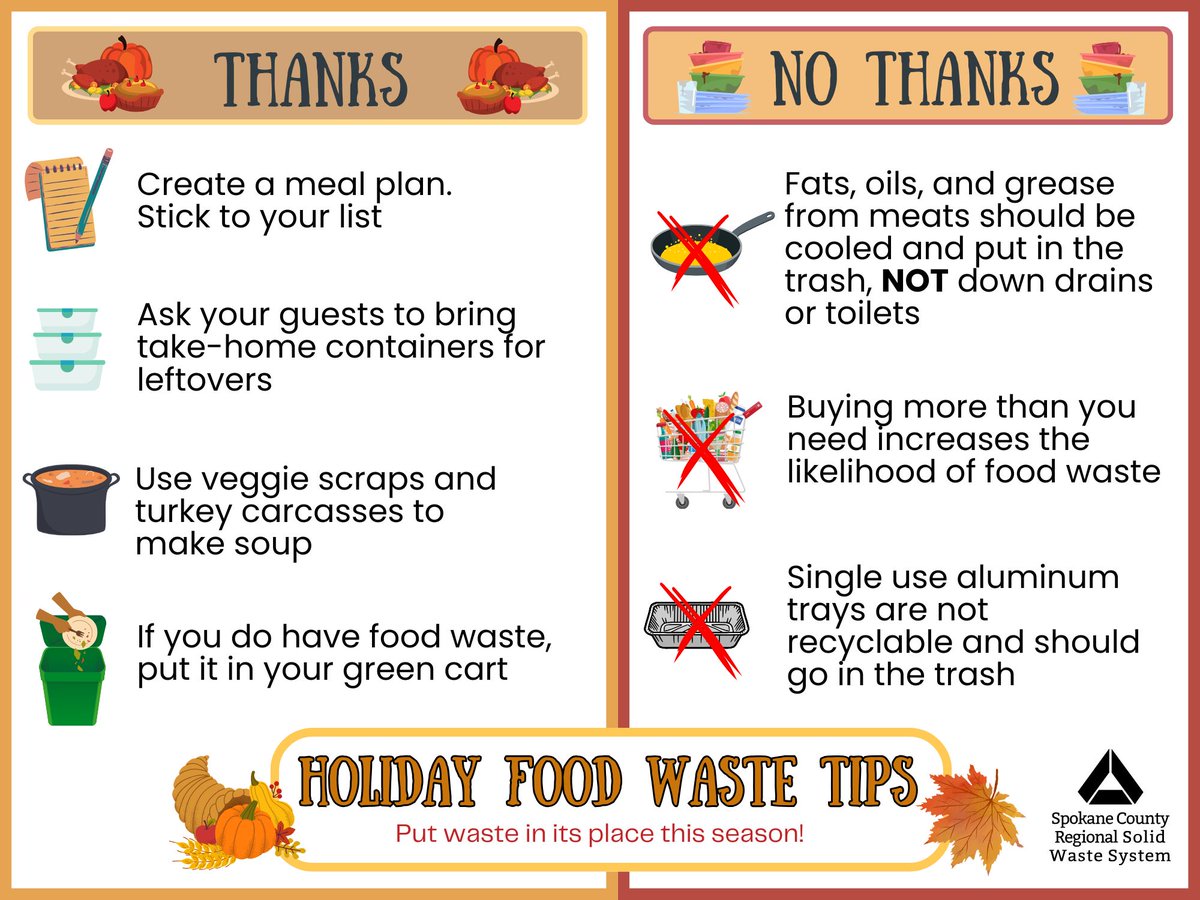 Put waste in it's place this Thanksgiving season!

Do:
+Create a meal plan and stick to your list
+Ask your guests to bring take-home containers for leftovers
+Use veggie scraps and turkey carcasses to make soup
+If you do have food waste, put it in your green bin!