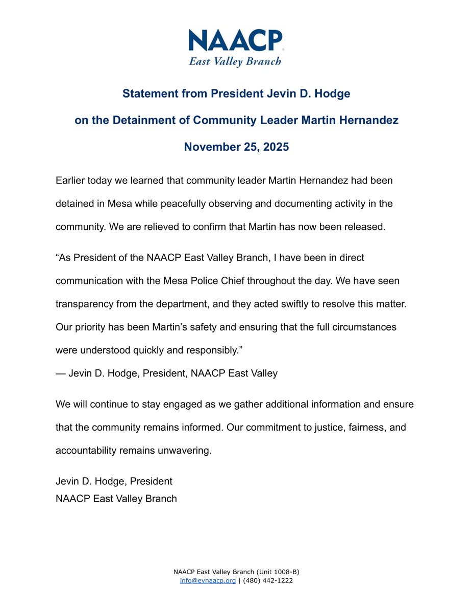 evnaacp's tweet photo. Statement from President Jevin D. Hodge on the Detainment of Community Leader Martin Hernandez. 

Earlier today we learned that community leader Martin Hernandez had been detained in Mesa while peacefully observing &amp; documenting activity in the community. (Continues in comments) https://t.co/AaFnsHh2r8