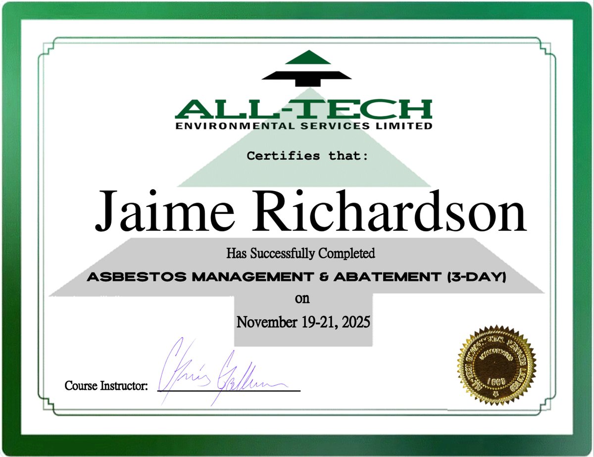 JasproP's tweet photo. Good news to share. Jaime Richardson has earned her Asbestos Abatement certificate: "all aspects of asbestos abatement including: removal techniques and procedures, health effects &amp; exposure, government regs, personal protection” Congrats Jaime. 👍 https://t.co/qiMOilUOkl