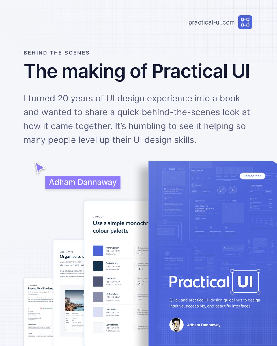 AdhamDannaway's tweet image. 📘 I turned 20 years of UI design experience into a book — and what a journey it’s been 👇

Writing @PracticalUI was one of the most challenging and rewarding projects of my career. I poured everything I wish I’d known when starting out into a clear, concise resource to help…