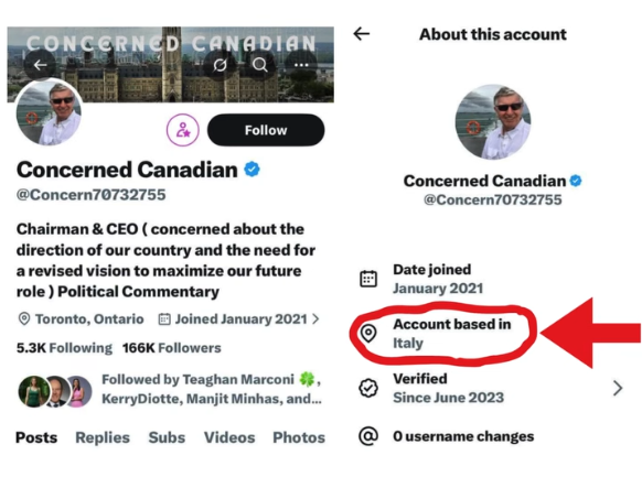 CdnFreethinker's tweet image. The account &quot;Concerned Canadian&quot; is based in Italy.
#ForeignInterference #FakeAccount