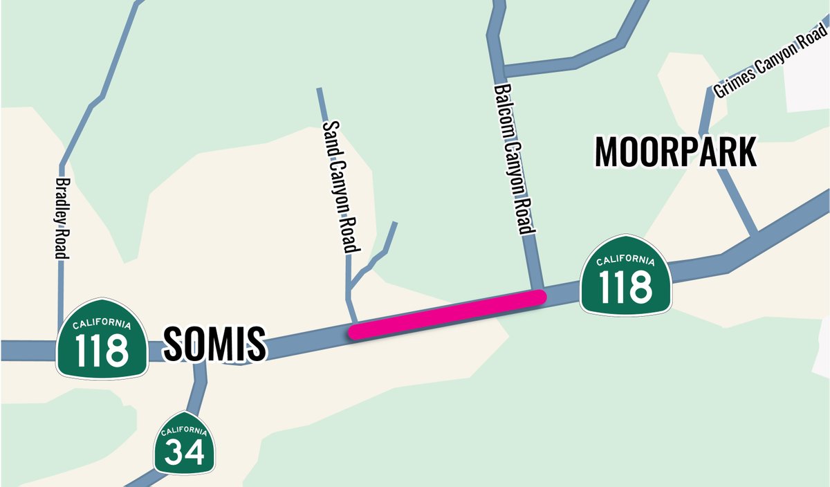 CaltransDist7's tweet image. 🚧 STATE ROUTE 118 NEAR SOMIS 🚧 

SR-118 (Los Angeles Ave) will have one-lane alternating traffic control from Sand Canyon Road to Balcom Canyon Road Monday 12/1 through Friday 12/5 from 7PM to 6AM each night for roadway excavation. QuickMap.dot.ca.gov Expect delays.